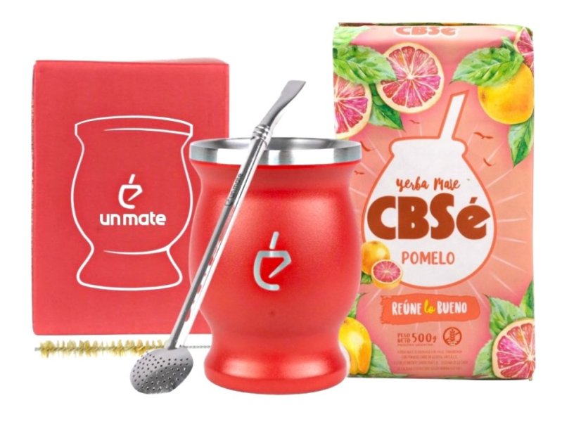 Un Mate Set červený + Yerba Mate dle výběru - Příchuť: CBSé Silueta Naranja